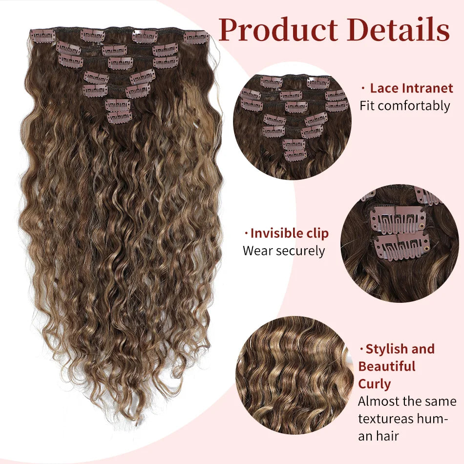 12A Grade Water Wave Clip-In Hair Extensions, 100% Human Hair Remy, 7-Piece Set, 14-24 Inch