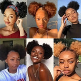 Brazilian human hair afro kinky puff drawstring ponytail extension in natural black, short curly style for women
