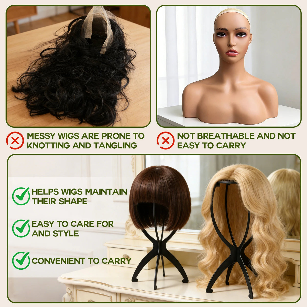 GOIPLE Wig Stand with Wig Shampoo Set for Storage, Detangling Brush and Vent Brush Suitable for Daily Use and Travel
