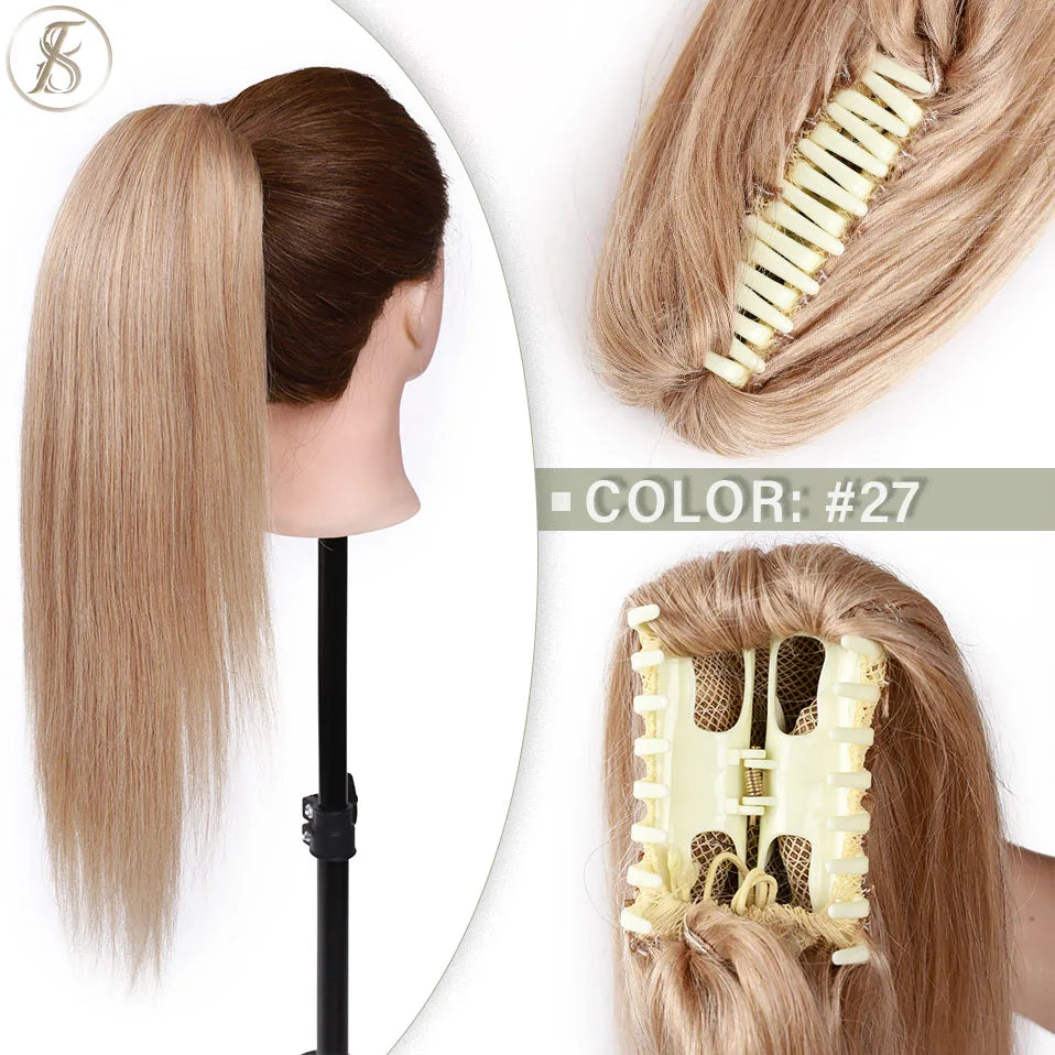 TESS Brazilian human hair claw clip ponytail extension, 14-22 inches, natural black to blonde shade