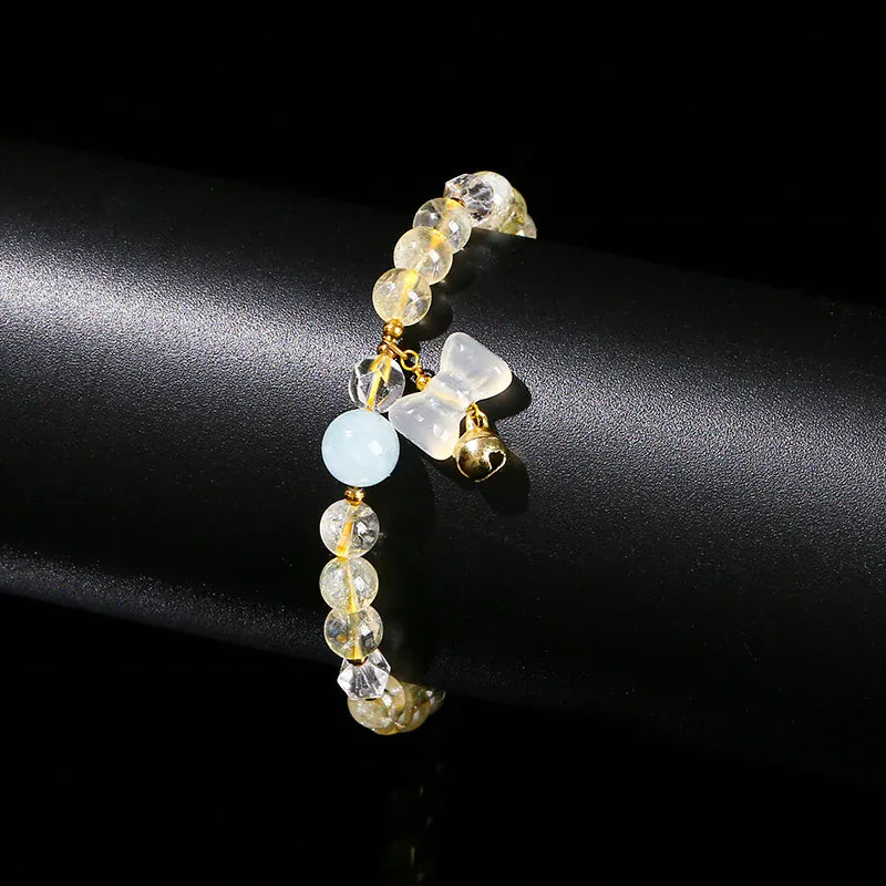 JD Natural Stone Citrine Agate Bow Charm Lucky Bead Bracelet Women Trendy Reiki Healing Handmade Stretch Bracelet Couple Gifts