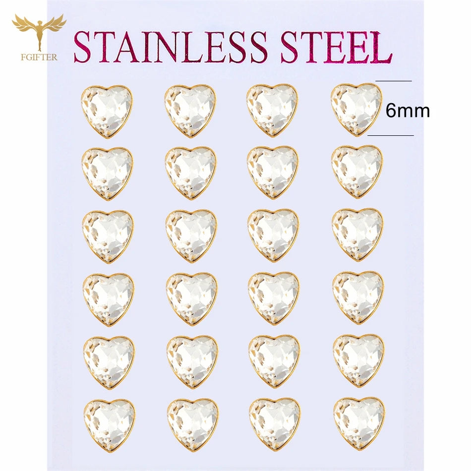 12-pair white crystal stud earrings set, 2–7mm round and square zircon designs in golden stainless steel