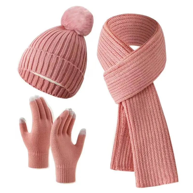 Warm knitted plush winter hats, scarf, and gloves set by HSF Marketplace