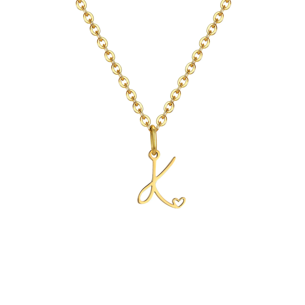 Gold plated dainty heart initial necklace for women with A-Z letter pendant, waterproof stainless steel monogram jewelry.