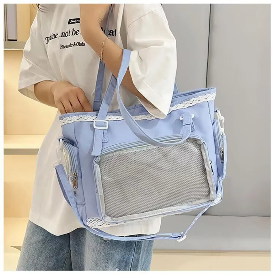 Transparent Y2K Japanese Ita Bag by HSF Marketplace with large capacity, casual shoulder tote design featuring cute lolita and DIY display elements.
