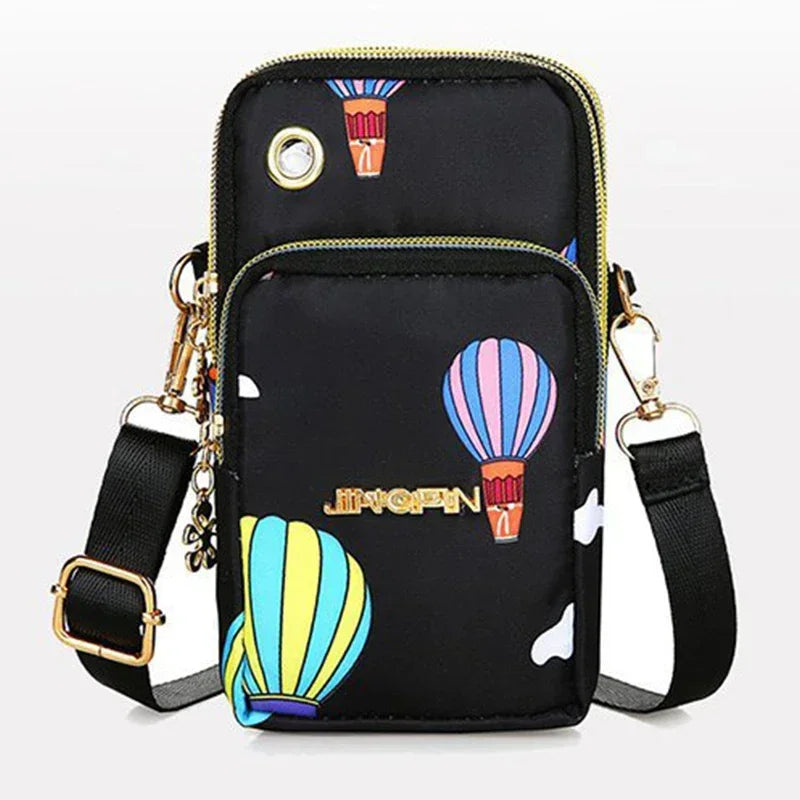 Women's HSF Marketplace crossbody mobile phone bag with three-layer wallet and coin pocket, shoulder strap, and compact design.