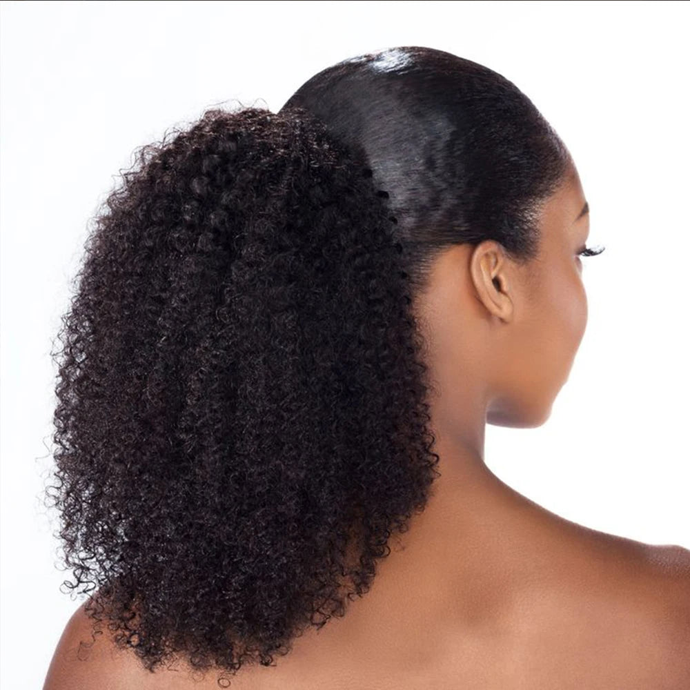 Afro kinky curly human hair drawstring ponytail extensions, Remy Mongolian hair, 12–24 inch clip-in piece