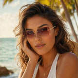 Fashion high-end women's and men's frameless titanium sunglasses by HSF Marketplace with holiday beach sunshade design.