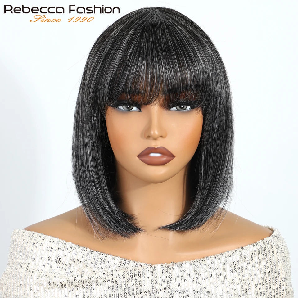 Rebecca Gray short straight human hair bob wig for women, 10-inch Brazilian Remy hair, full machine-made, styled for a natural look.