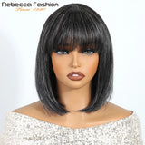 Rebecca Gray short straight human hair bob wig for women, 10-inch Brazilian Remy hair, full machine-made, styled for a natural look.
