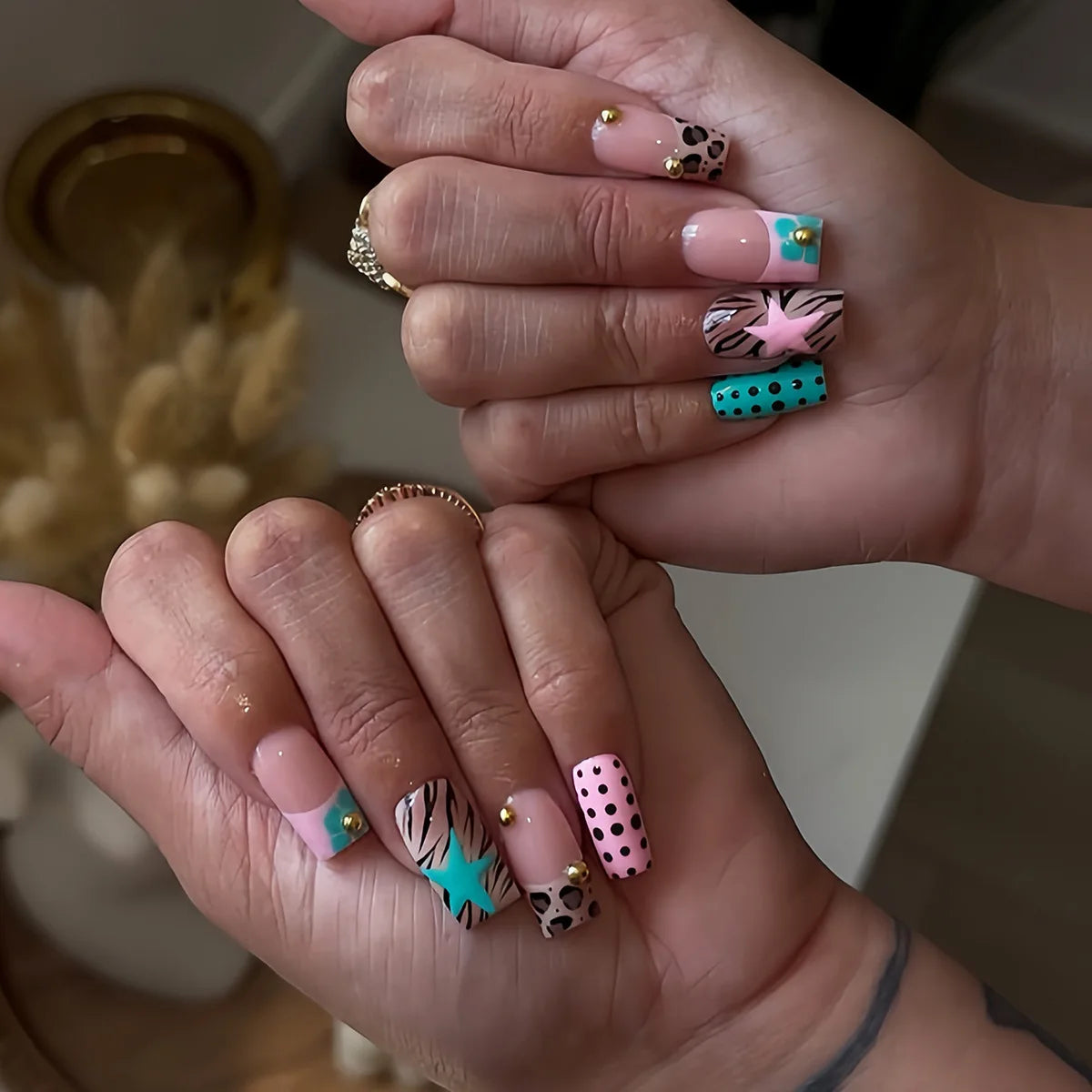 24-piece pink and black Sweet Punk long coffin press-on false nails with French, polka dot, and striped designs