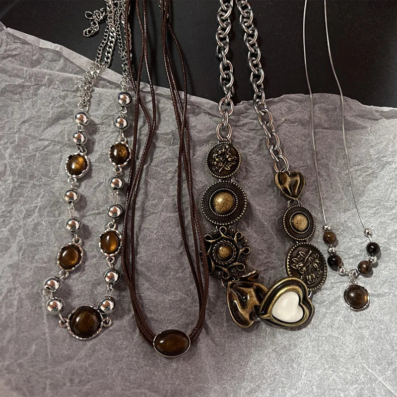 Vintage brown leather stone pendant necklace for women by HSF Marketplace