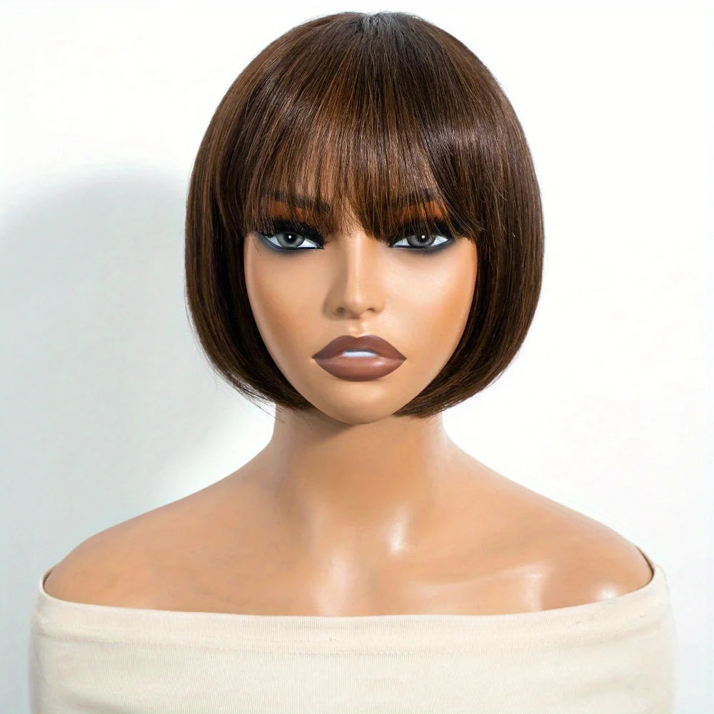 Rebecca short bob wig with bangs, Brazilian straight human hair, mixed color 1B/30, glueless machine-made wig