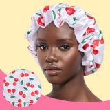 1 Piece Satin Silk Sleep Cap with Fruit Animal Print Double Layer Comfortable for Daily Use
