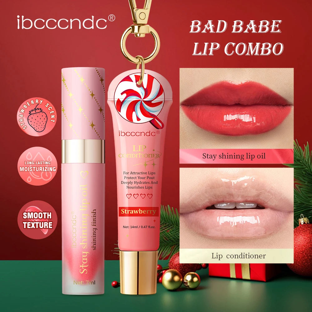 Two-piece Bad Girl Christmas lip gloss set by HSF Marketplace, featuring strawberry-flavored lip balm and gloss for hydrating, plump lips.