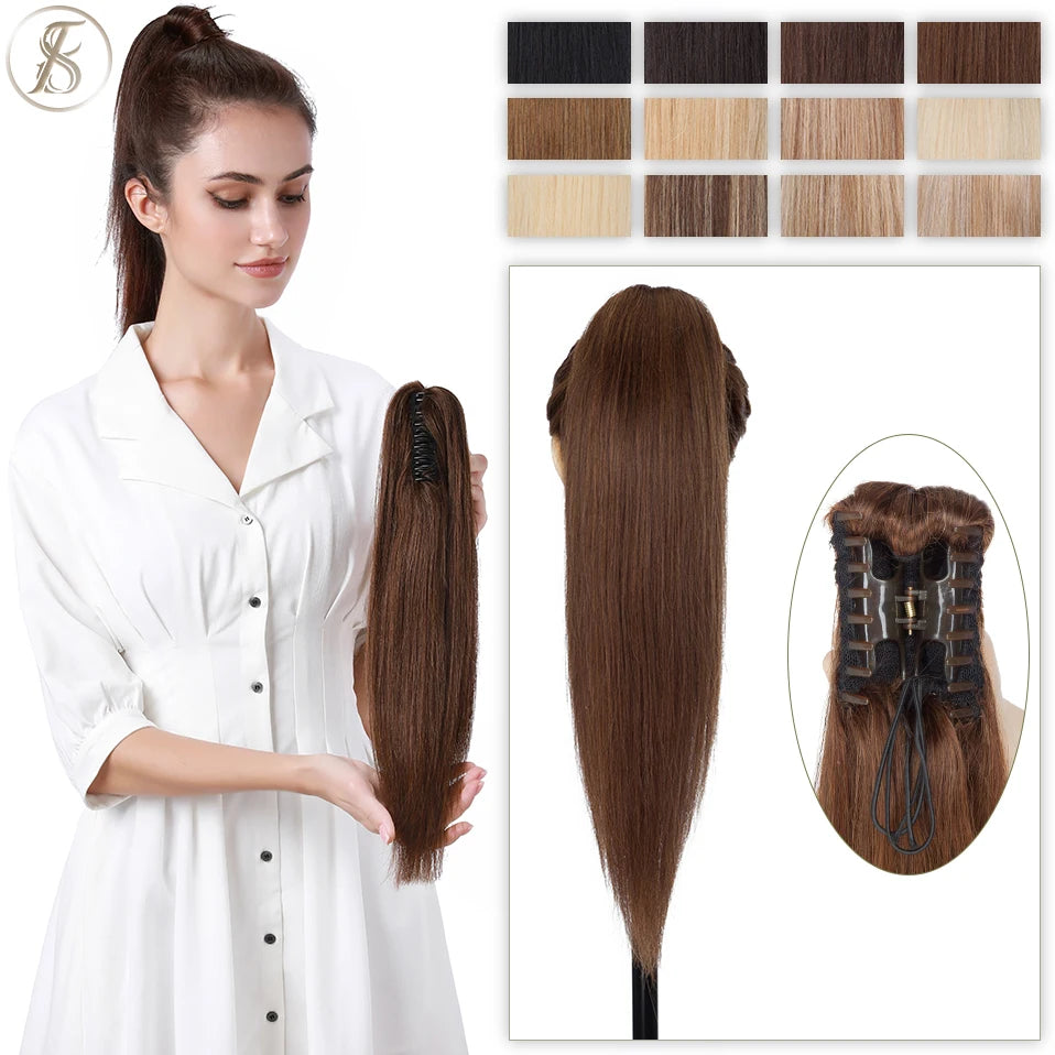 TESS Brazilian human hair claw clip ponytail extension, natural black and blonde, 14–22 inches