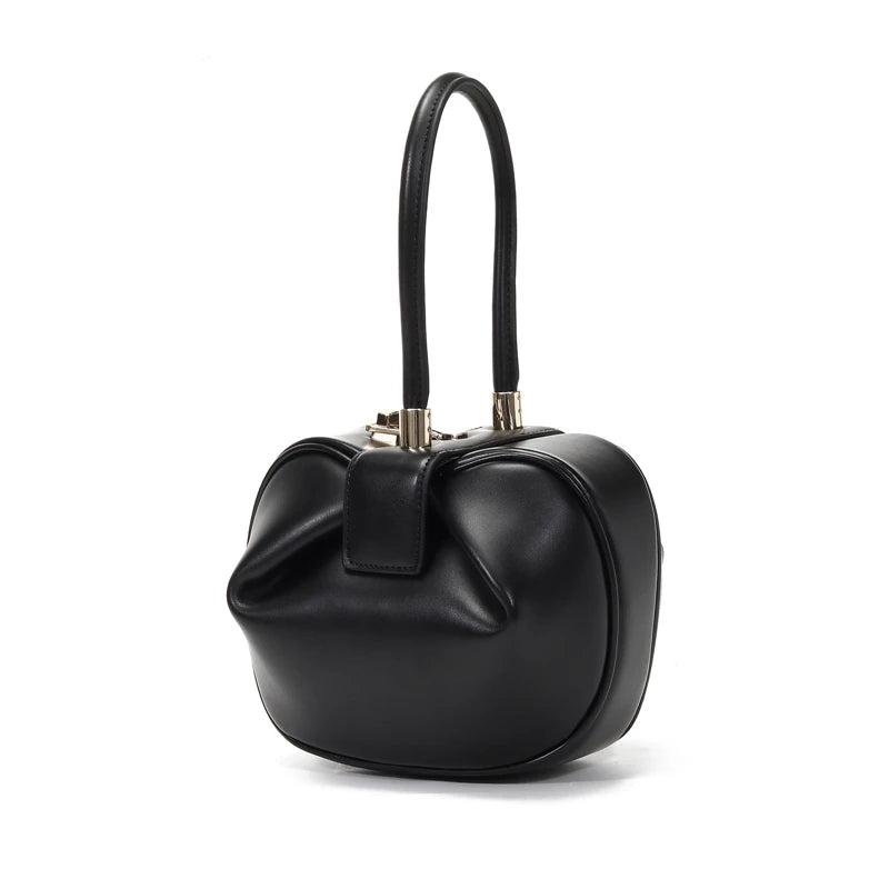 HIFASHION small genuine leather top handle handbag for women, elegant evening party pouch with round luxury design.