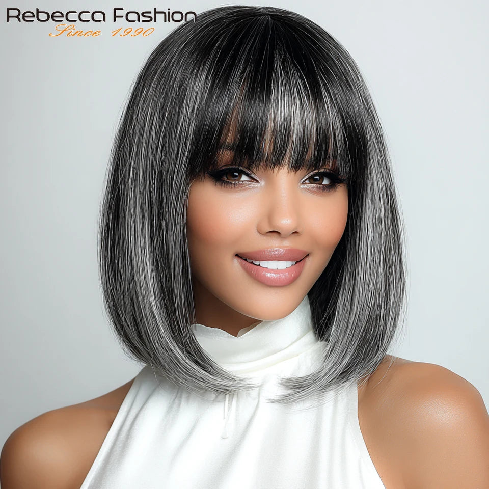 Rebecca Gray short straight human hair wig by HSF Marketplace, 10-inch Brazilian Remy bob style for women.