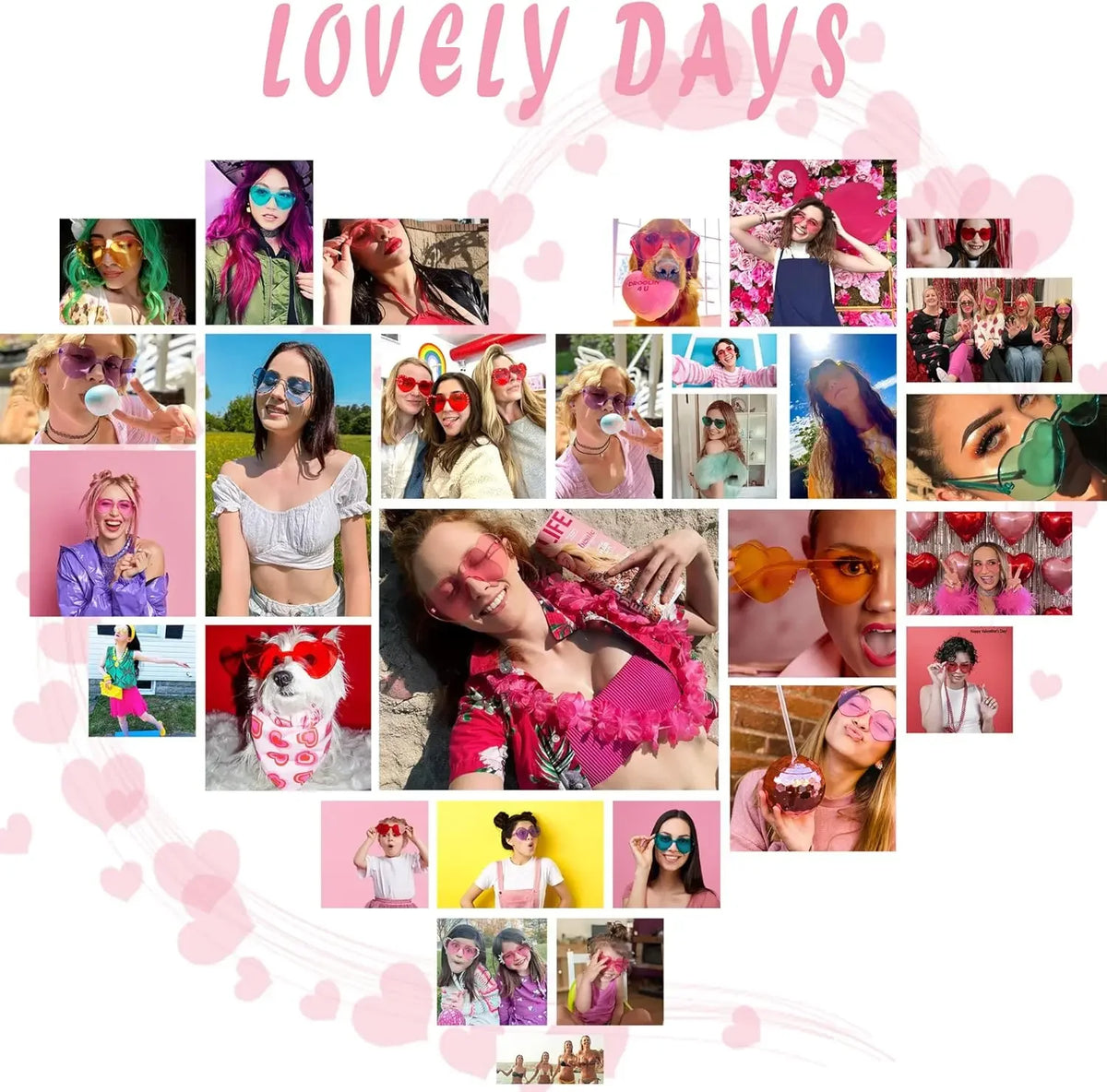 Women's heart-shaped sunglasses in multiple colors, perfect for weddings, bachelorette parties, and beach photo props.
