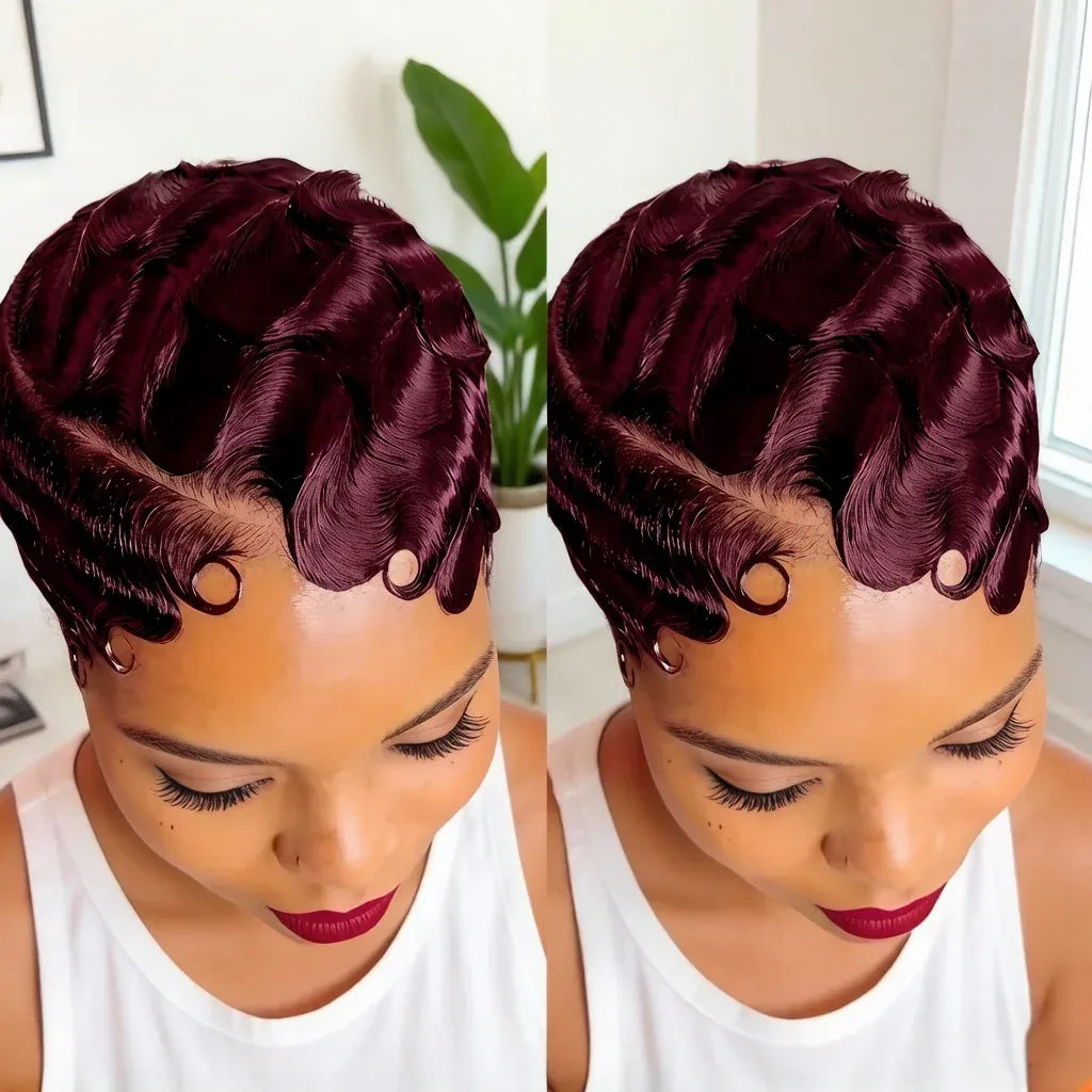 Women Short Black Bob Pixie Cut 13x4 Lace Front Human Hair Wig - 180% Density Finger Wave Texture Natural Look & Versatile Style