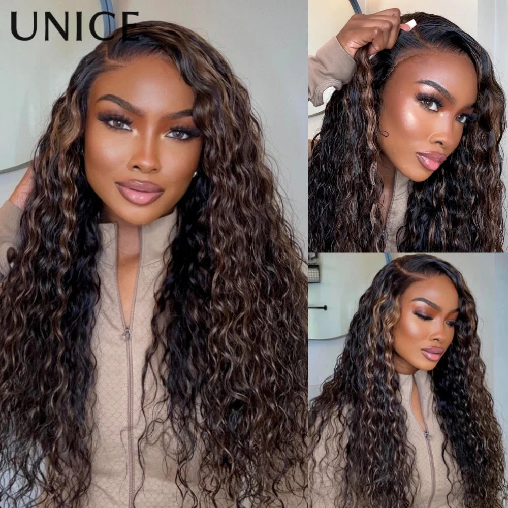 UNice Bye-Bye Knots 7x5 Lace Side Part Water Wave Human Hair Wig With Golden Brown Highlights 150% Density