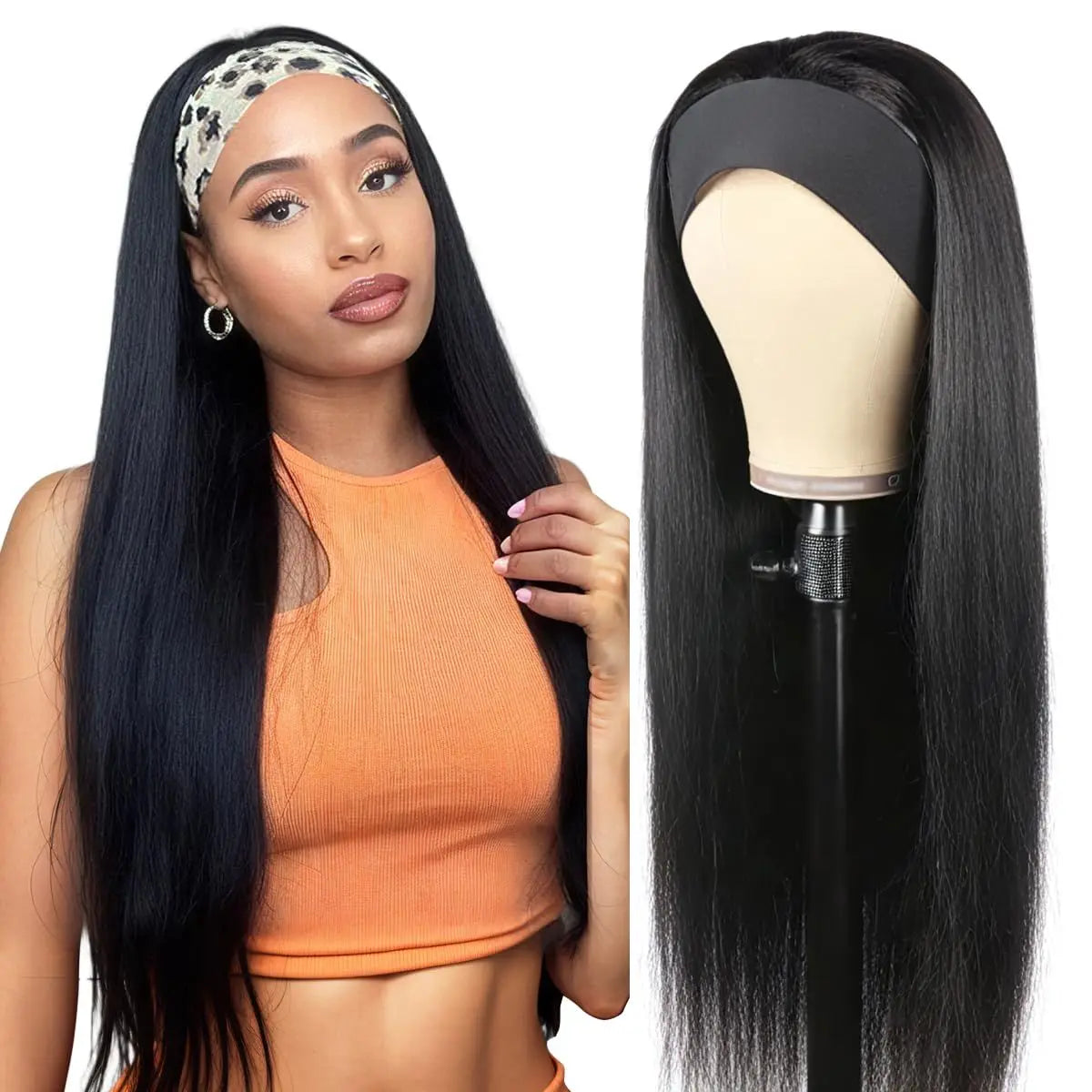 Straight 18-inch Brazilian human hair headband wig, natural color, 200% density, machine-made half wig