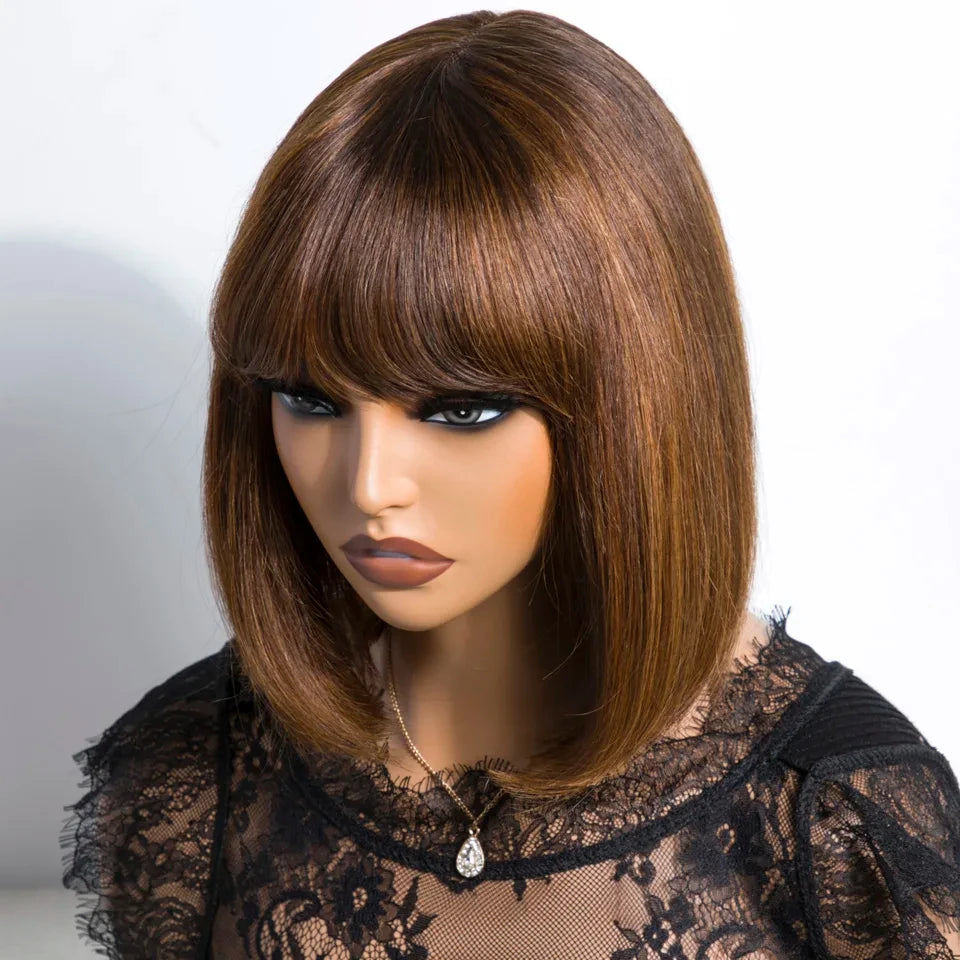 Highlight blonde short bob lace glueless human hair wig with bangs, Brazilian straight style in P1B/30 shade