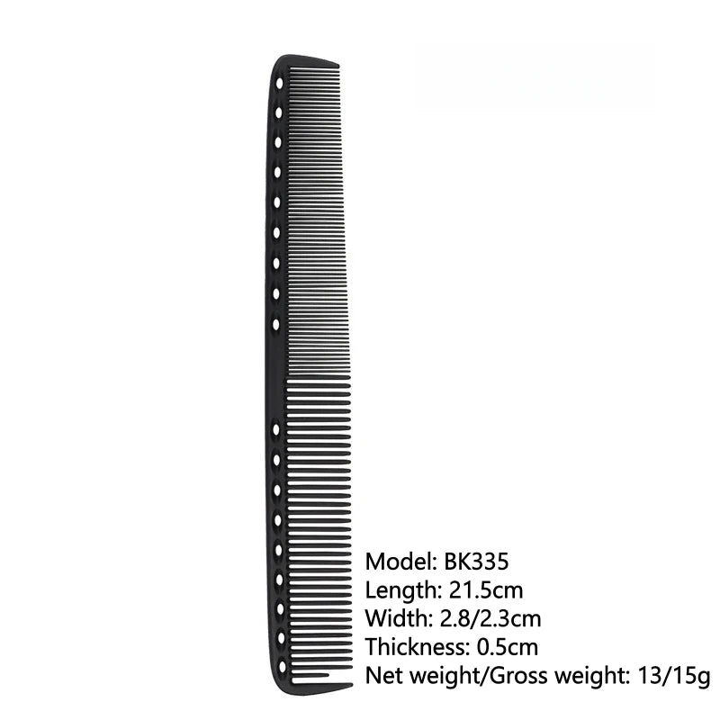 Black carbon double-sided hair cutting comb for professional salon styling, heat resistant and antistatic barber hairdressing tool.