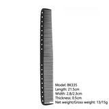 Black carbon double-sided hair cutting comb for professional salon styling, heat resistant and antistatic barber hairdressing tool.