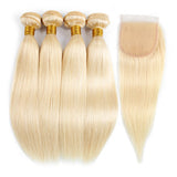 3/4 Bundles with Closure 50g/pc #613 100% Human Hair Weave 4*4 Transparent Lace Frontal Free Part Platinum Blonde Straight Bobbi