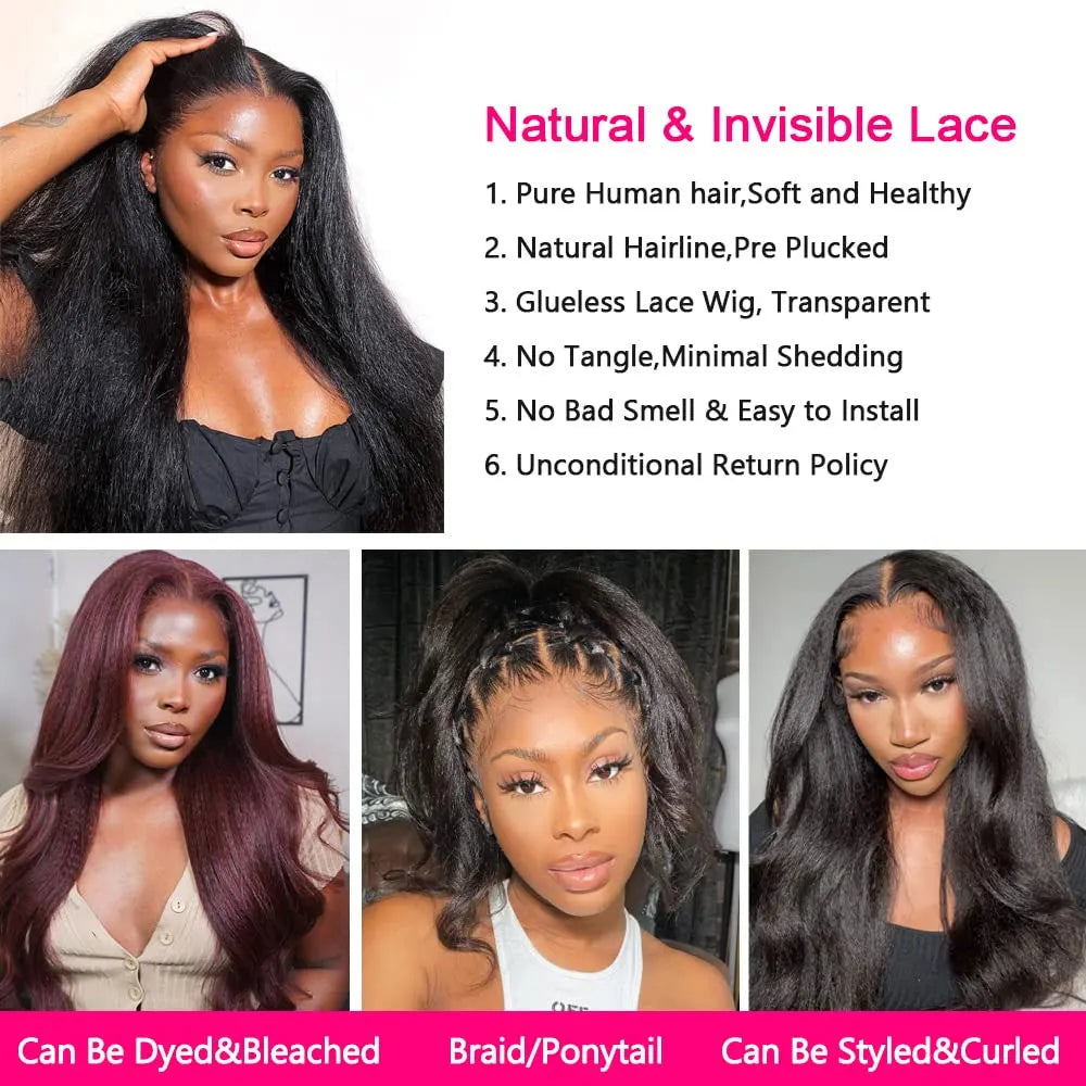 Kinky straight lace front human hair wig with baby hair, 13x4 HD lace frontal, glueless, Yaki straight style by HSF Marketplace.