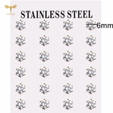 12 pairs of 2–7mm white crystal round and square stud earrings in golden stainless steel