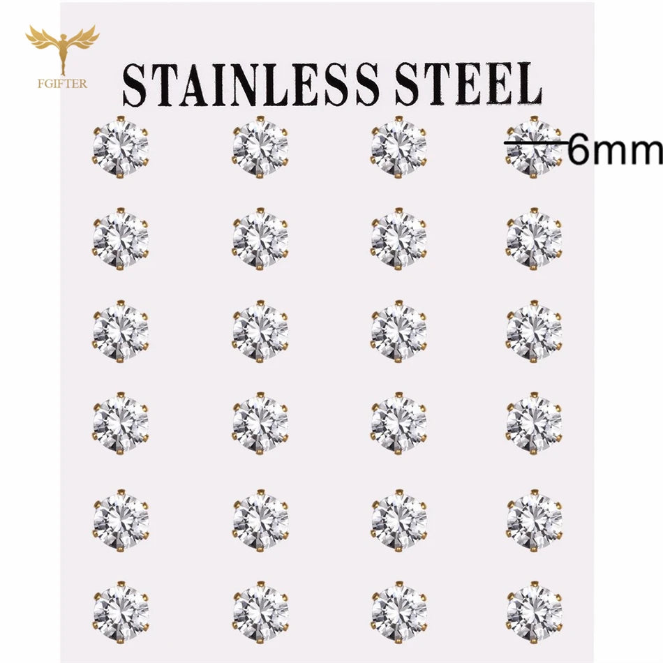 12 pairs of 2–7mm white crystal round and square stud earrings in golden stainless steel