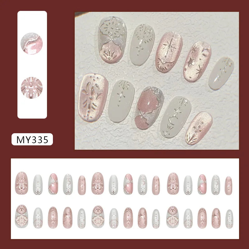 24-piece Y2K star press-on false nails with gradient blue French tips and gold moon designs in almond shape