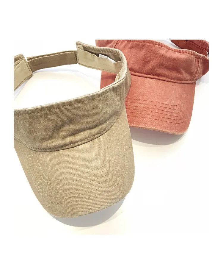 Women’s washed cotton empty-top sun hat, solid-color visor for beach travel, golf, and UV protection
