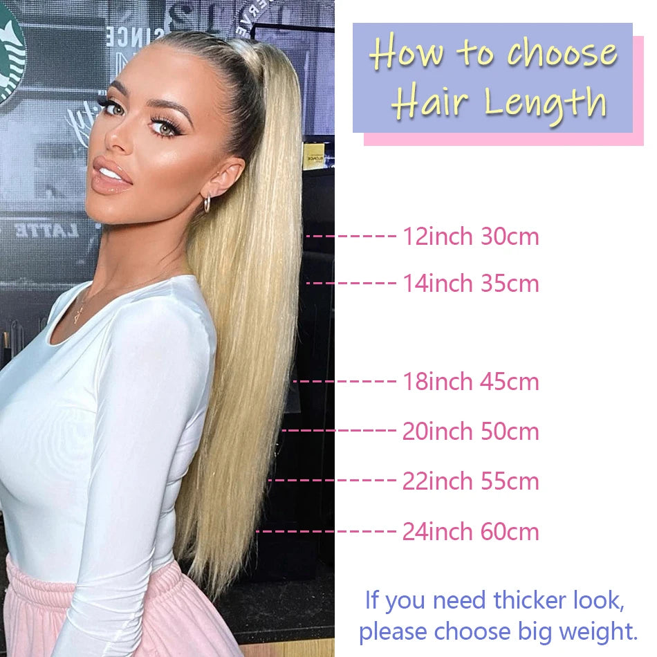 Straight Brazilian Remy human hair wrap-around ponytail extension in multiple lengths and weights