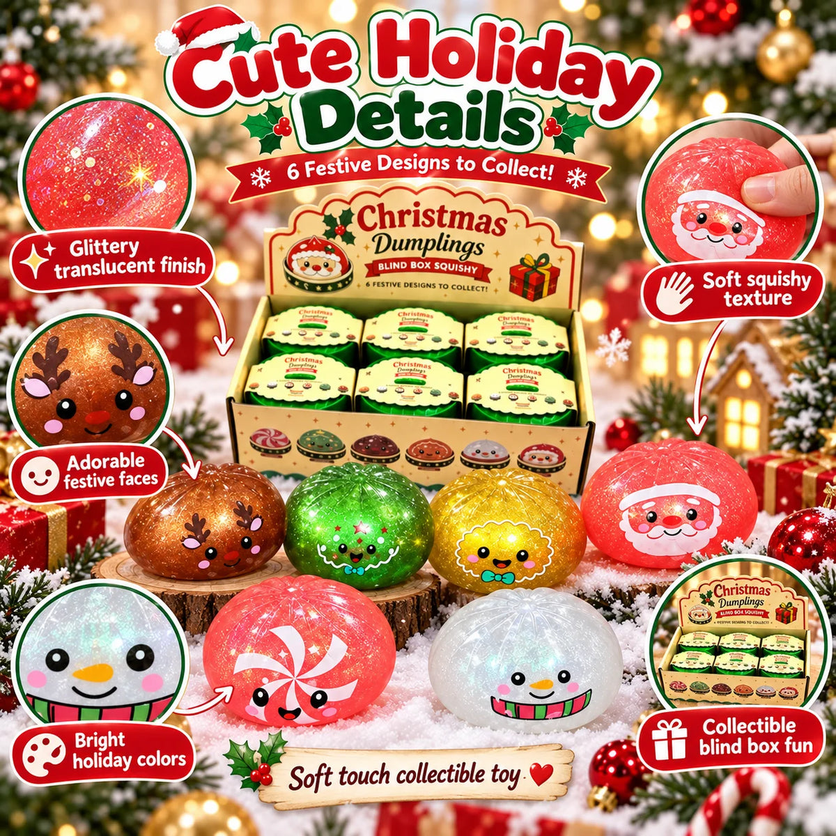 1-5PCS Christmas Dumpling Squishy Blind Box TPR Slow Rising Squeeze Fidget Sensory Stress Relief Holiday Surprise Gift Set