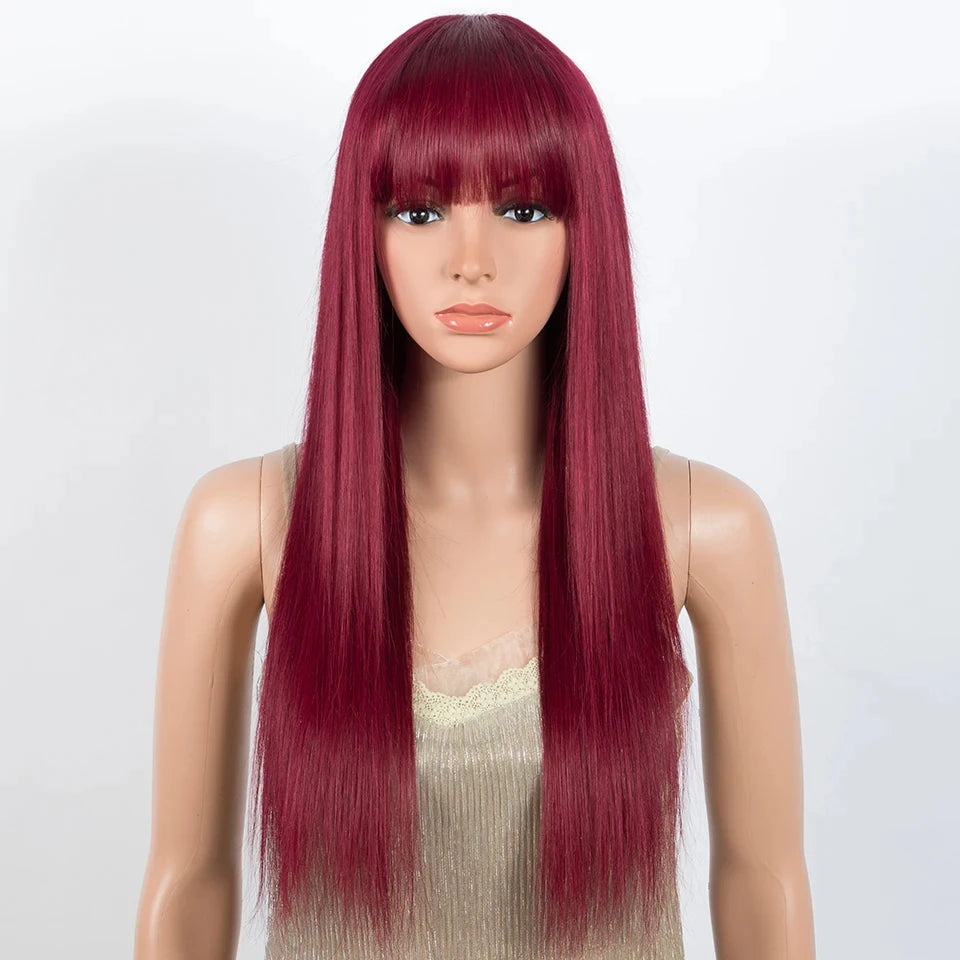 Burgundy straight human hair wig with bangs for women by HSF Marketplace