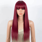Burgundy straight human hair wig with bangs for women by HSF Marketplace
