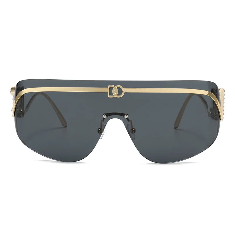 Luxury oversized shield sunglasses by HSF Marketplace with gold metal frame and gradient UV400 protection.