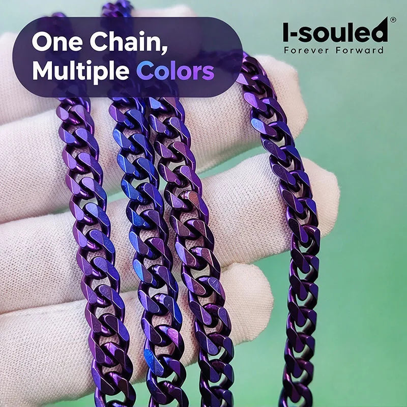 Grade 1 Titanium Chain Necklace 7mm Cuban Link, Hypoallergenic Anodized Purple Blue Necklace for Sensitive Skin