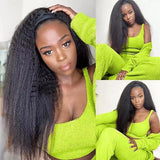 30-inch long thick kinky straight human hair headband wig with yaki texture, glueless full machine wig for women