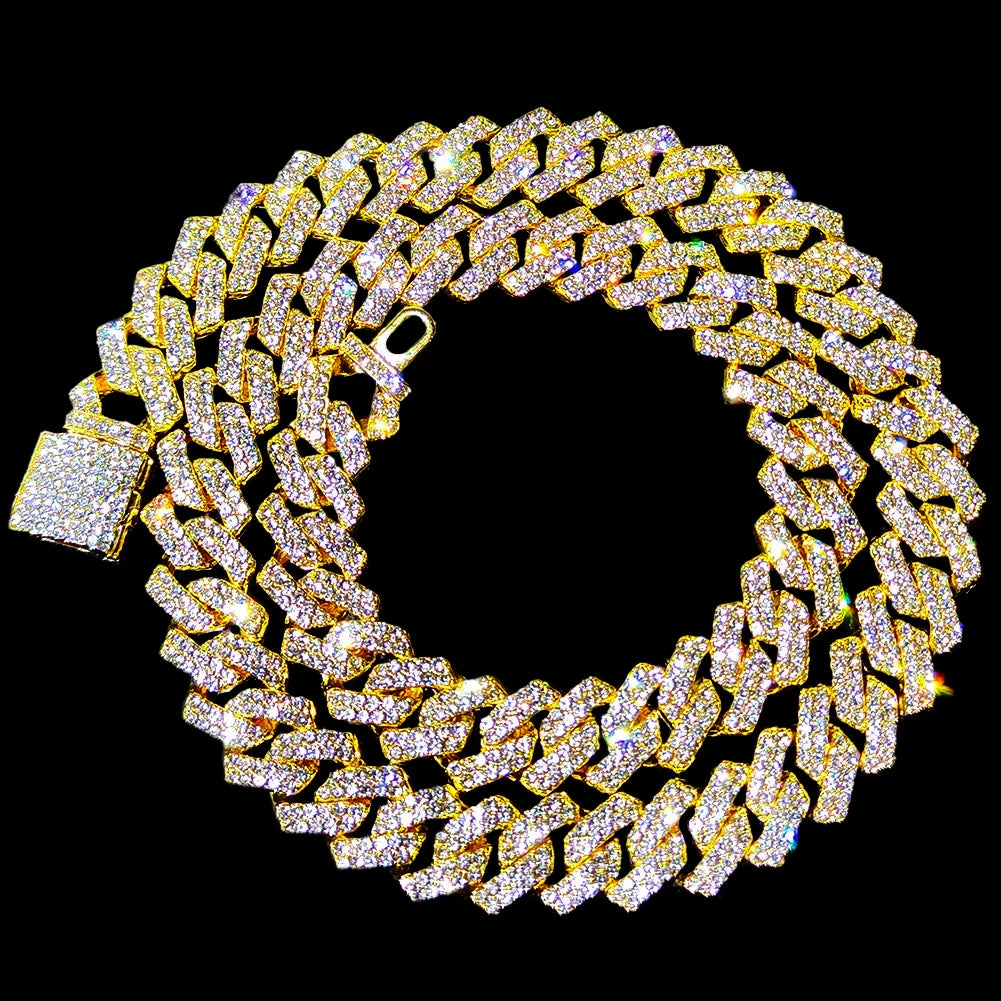 Gold Cuban link chain necklace with rhinestones, 16 to 24 inches, featuring a 2-row rhombus prong design, suitable for women and men.