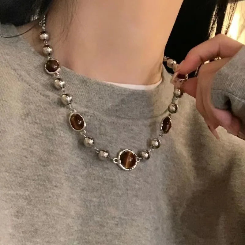 Vintage brown leather stone pendant necklace for women, handcrafted jewelry by HSF Marketplace