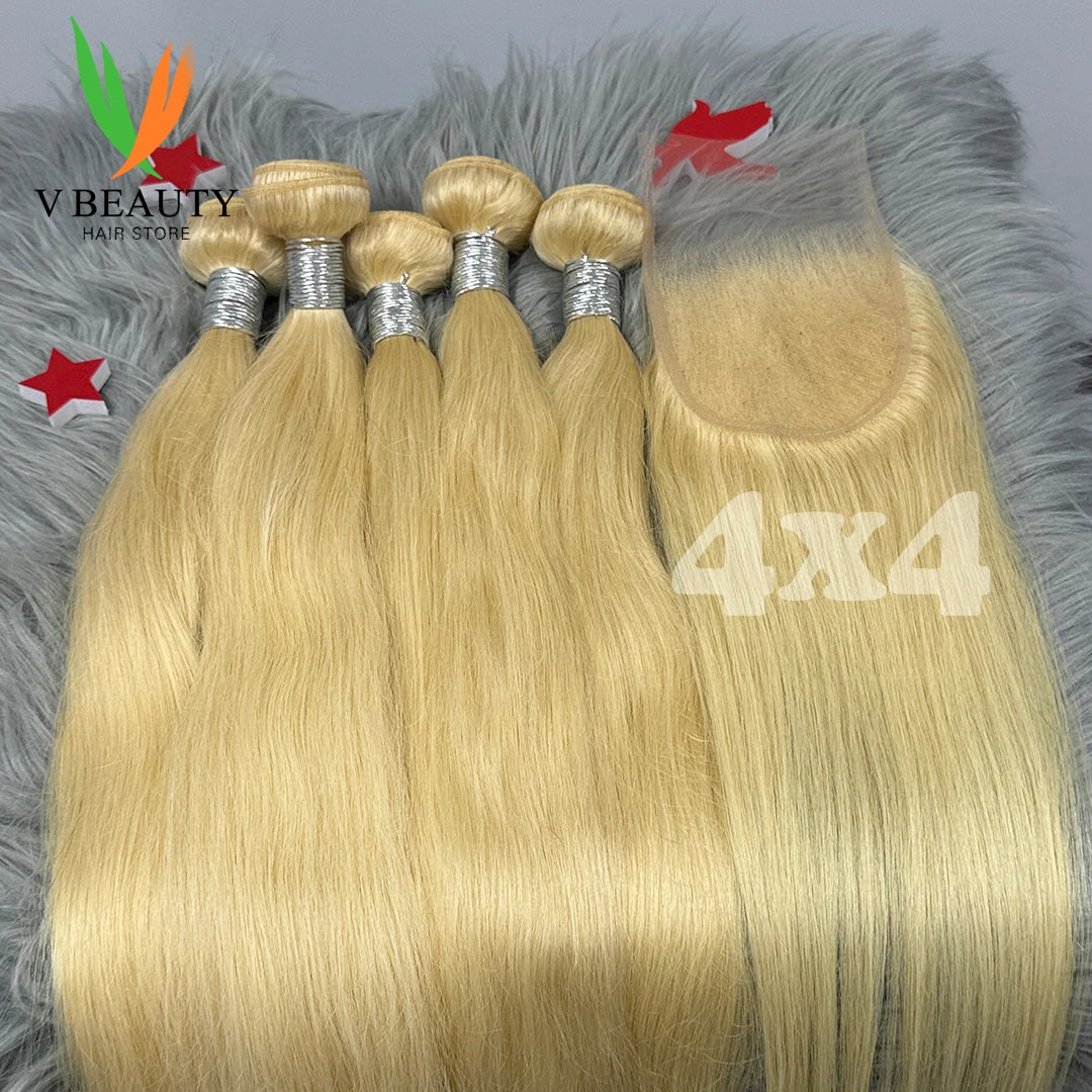 #613 Colored Straight Human Hair Bundles Blonde Closure 1/2/3/4 PCS 100% Vietnamese Remy Human Hair Weave Extensions