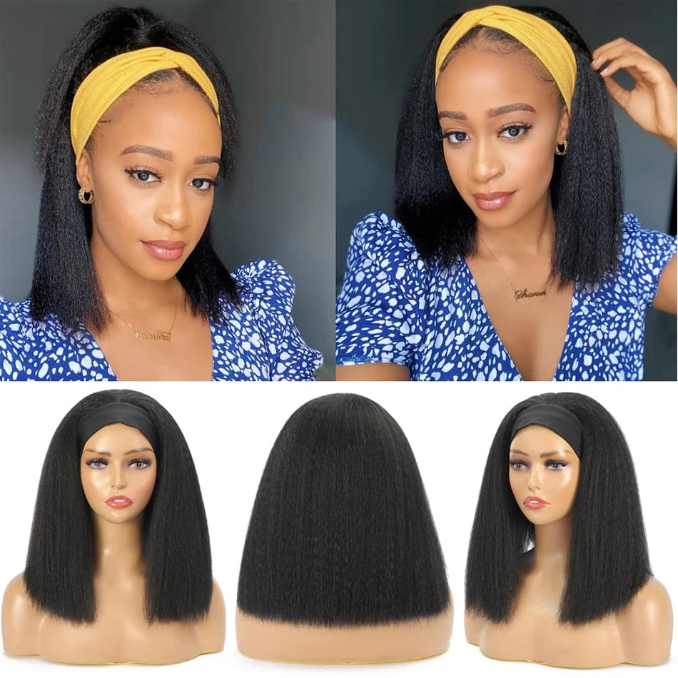 Short bob kinky straight human hair headband wig, 250 density machine-made yaki straight style for women