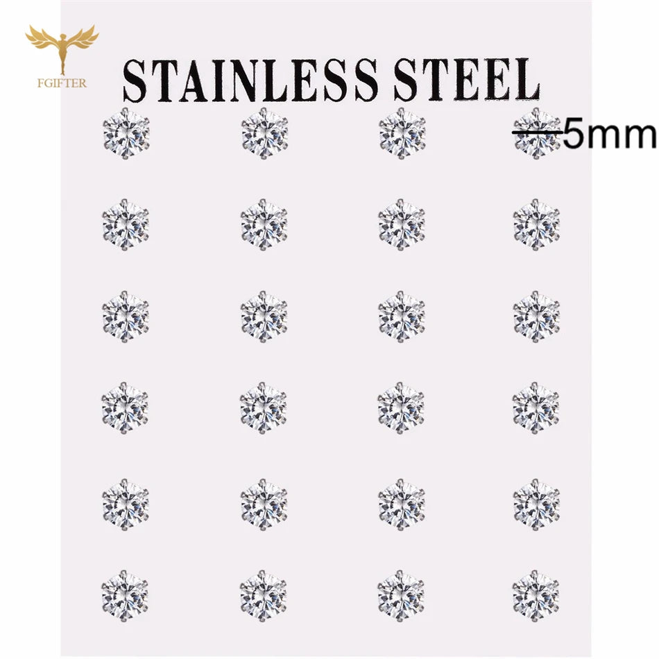 12 pairs white crystal stud earrings set, 2–7mm round and square zircon designs with golden stainless steel posts