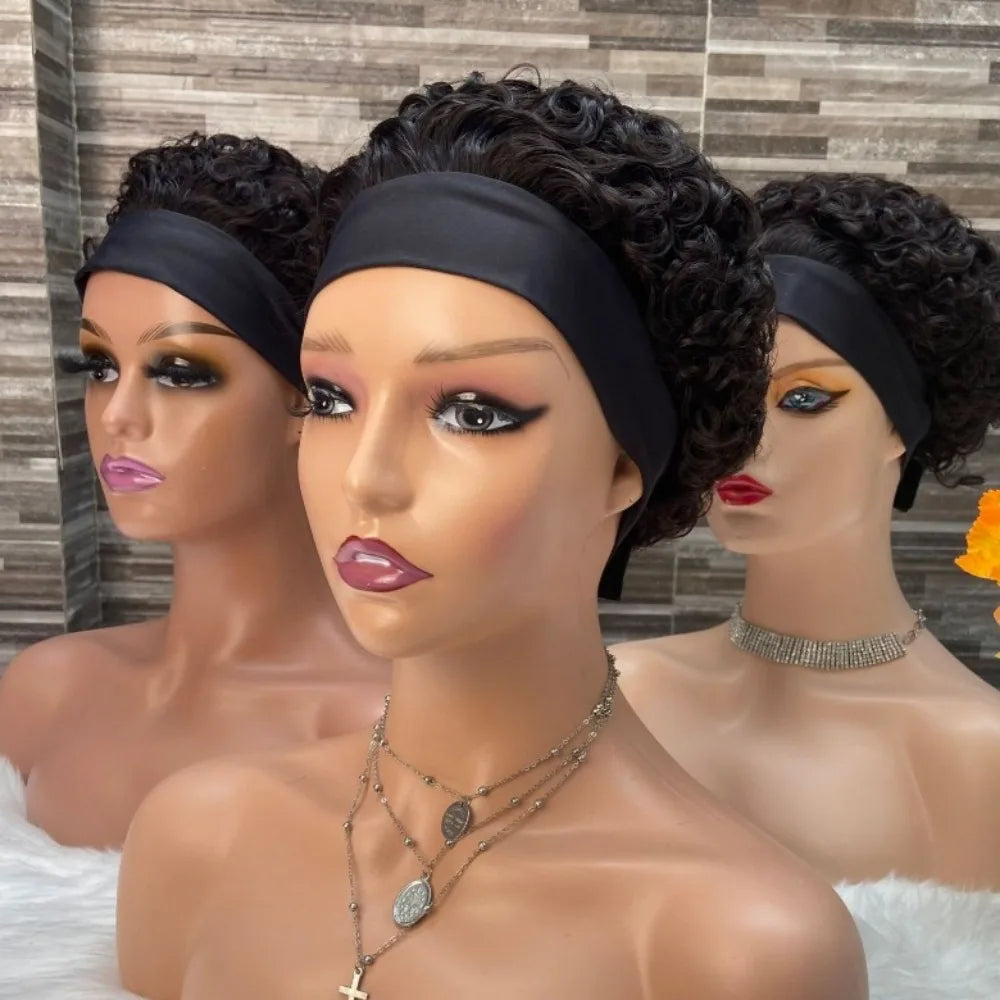 Colored curly pixie cut human hair headband wig for women, full machine-made Brazilian virgin hair wig