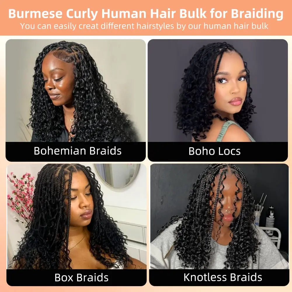 Smilegirl 15A Human Braiding Hair for Boho Braids Burmese Curly Spiral Ends Bulk 100% Unprocessed Virgin Hair 3/4 Bundle 24 26 28 30 Inch