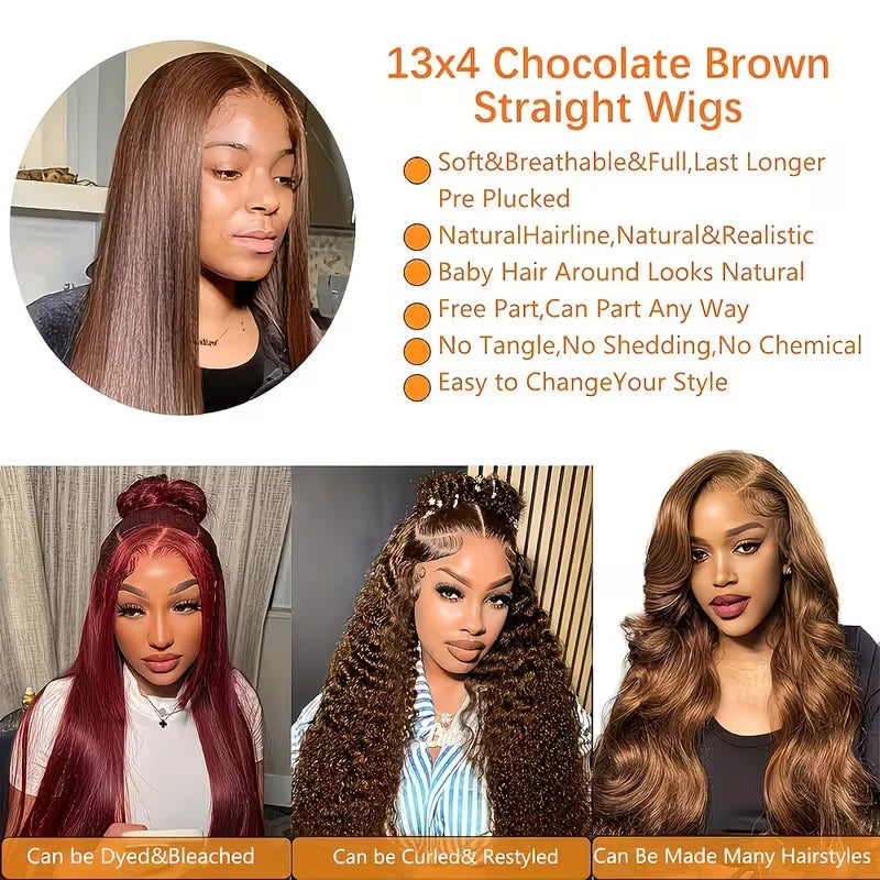 Chocolate Brown Straight Lace Front Human Hair 13X4 13x6 HD Lace Wigs 200 Density  PrePlucked Baby Hair 40 46 Long Inches Wigs